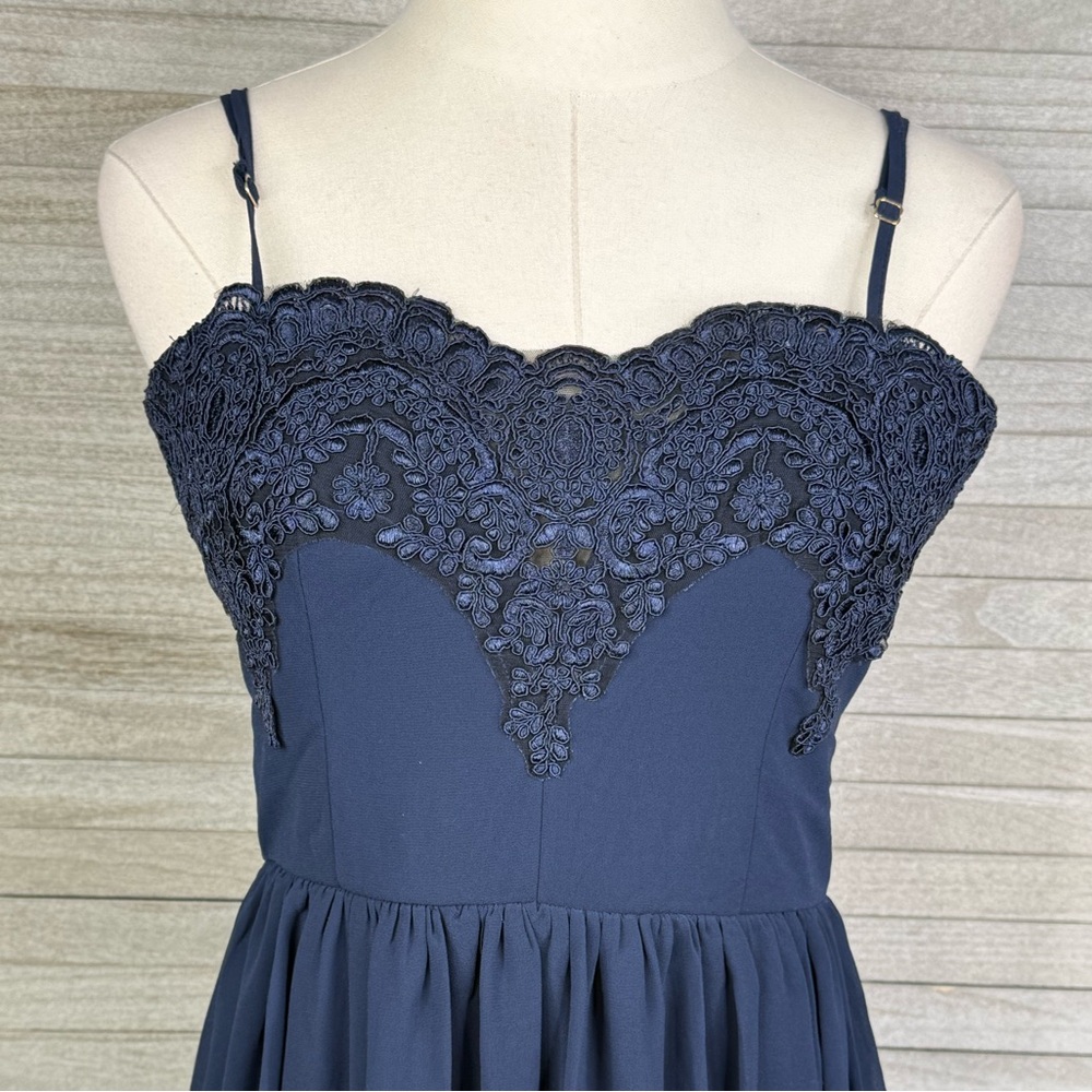 FASHION NOVA Navy Blue Sheer Maxi Dress with Stretchy Mini Lining & Lace Bust-M - Picture 2 of 3